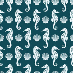 seamless pattern with seahorse and shell isolated on blue background
