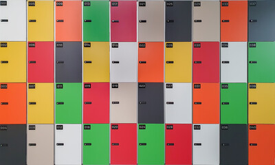 Locker cabinet with locks and numbered lockers in various colors