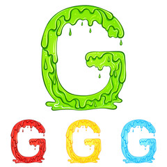 Letter G with flow drops and goo splash. Color illustration of the symbol g in four colors green, red, yellow, blue. Dripping liquid. Vector font in hand drawn style isolated on white background.