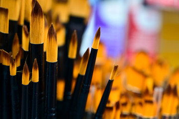 Stunning and sophisticated paint brushes in the shop. Natural squirrel brushes of different forms and sizes. Artist's tools on the blurred background. Black and white brushes.