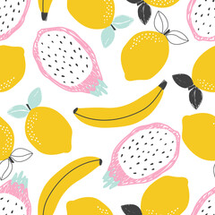 Seamless pattern with lemon, banana and pitahaya fruit on white background. Vector illustration for printing on clothing, packaging paper, postcards, posters, banners. Cute baby background. 