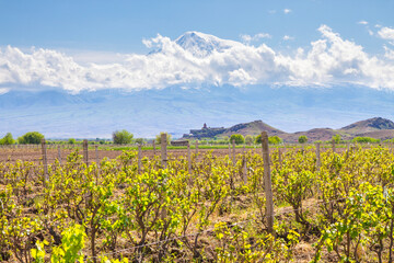 Awe-Inspiring medieval Khor Virap monastery in front of Mount Ararat viewed from Yerevan, Armenia....