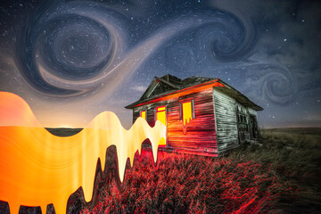 Vang Gogh style long exposure, light painting photography with an abandoned building