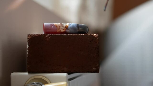 Close-up of autogenous welding of copper pipe, urgent repair welding of malfunctional home central heating system
