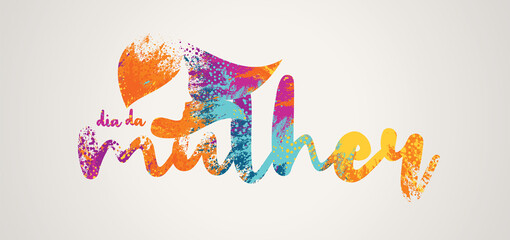 Women's Day Logo Design. Woman Head. Title with Colorful Elements Saying Women's Day in Portuguese Brazilian.