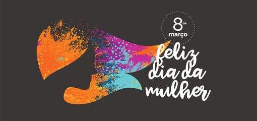 Women's Day Logo Design. Woman Head. Title with Colorful Elements Saying 8th March, Happy Women's Day in Portuguese Brazilian.