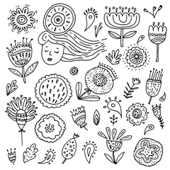 Flowers and patterns in doodle style, sketch and outline.