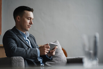 Communicates with partners on a new project, the financial sector. Modern style. a man in a...