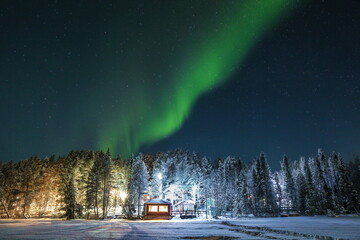 aurora borealis over the forest against the starry sky panoramic view
