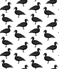 Vector seamless pattern of black hand drawn doodle sketch duck isolated on white background