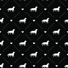 Vector seamless pattern of dog silhouette and hearts isolated on black background