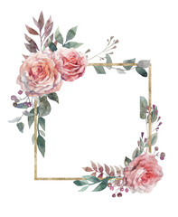 Flower frame with pink rose, green leaves. Watercolor floral clipart. Wedding concept with flowers