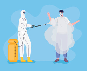 Obraz premium worker wearing bio safety suit disinfecting person vector illustration design