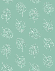 Vector seamless pattern of white hand drawn doodle sketch monstera leaf isolated on mint background