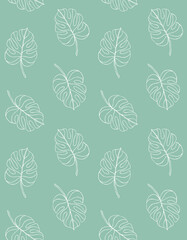 Vector seamless pattern of white hand drawn doodle sketch monstera leaf isolated on mint background