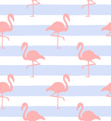 Obraz premium Vector seamless pattern of pink flamingo silhouette isolated on blue strapped white background