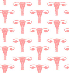 Vector seamless pattern of pink colored hand drawn doodle sketch uterus isolated on white background