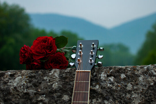 Guitar And Roses On Roman Bridge In Sarajevo