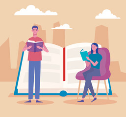 couple readers reading books standing and seated characters vector illustration design