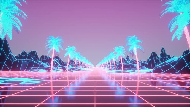 Retro futuristic animation. Camera moves forward palm tree alley. Mountains and hills above the road. Retro 80s style synthwave background