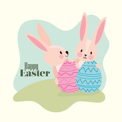happy easter lettering and two pink rabbits with easter eggs