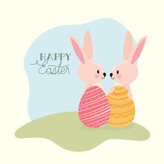 happy easter lettering and rabbits with two easter eggs