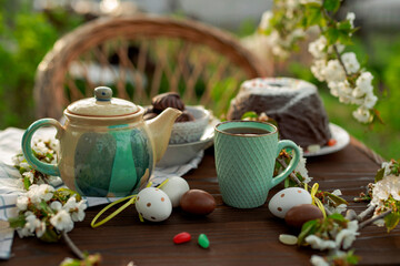 Still life Easter brunch in the garden outdoors