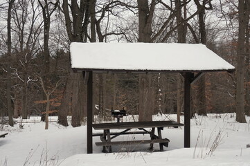 Wooden Picnic Table and Shelter in Snowy Park