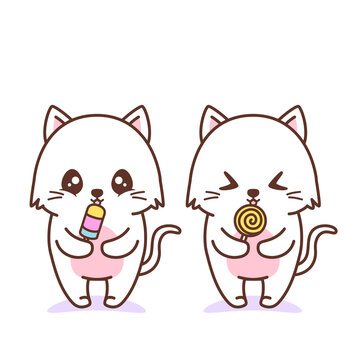 cute happy cat licking lolipop and ice cream