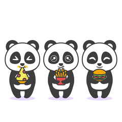cute happy panda with different expression and food