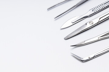 surgery instruments collection on white background. medical tools frame. surgeon concept