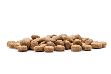 domestic animals dry food isolated on white background. dry cat feed cut out. above view