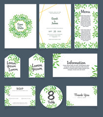 Set of Wedding invitation Vector illustration. card template. Wedding invitation, thank you, save the date, menu, information, RSVP, label, table number and place card design.