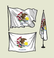 Flag of Illinois on the wind and on the wall illustration set