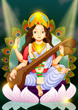 Saraswati Mata Goddess, Happy Vasant Panchami Indian festival, Goddess Maa  Sarasvati, Indian God Saraswati devi as small kid with rays Stock  Illustration | Adobe Stock