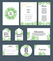 Set of Wedding invitation Vector illustration. card template. Wedding invitation, thank you, save the date, menu, information, RSVP, label, table number and place card design.