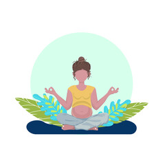Obraz na płótnie Canvas A pregnant young woman in a Yoga pose with green leaves on the background. A banner, poster for Medical, Pregnancy projects. A flat illustration. Vector. EPS 10. 