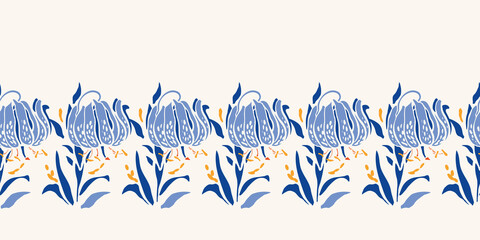 Elegant Royal Blue Lily Border. Seamless Vector Floral Background. Classic Vintage Hand Drawn Floral Design. Vintage KItchen, Stationery, Home Decor, Fabric, Print. Vector EPS 10 Tile.