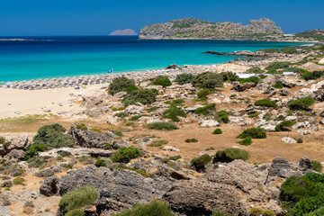 Beautiful turquoise beach Falasarna (Falassarna) in Crete, Greece. View of famous paradise sandy deep turquoise beach of Falasarna (Phalasarna) in North West, Crete island, Greece.