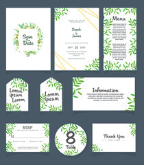 Set of Wedding invitation Vector illustration. card template. Wedding invitation, thank you, save the date, menu, information, RSVP, label, table number and place card design.