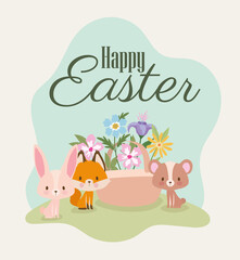 happy easter lettering with one cute pink bunny, fox, bear and one basket full of flowers