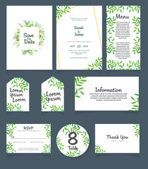 Set of Wedding invitation Vector illustration. card template. Wedding invitation, thank you, save the date, menu, information, RSVP, label, table number and place card design.