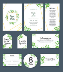 Set of Wedding invitation Vector illustration. card template. Wedding invitation, thank you, save the date, menu, information, RSVP, label, table number and place card design.