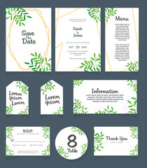 Set of Wedding invitation Vector illustration. card template. Wedding invitation, thank you, save the date, menu, information, RSVP, label, table number and place card design.