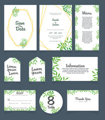 Set of Wedding invitation Vector illustration. card template. Wedding invitation, thank you, save the date, menu, information, RSVP, label, table number and place card design.