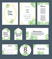 Set of Wedding invitation Vector illustration. card template. Wedding invitation, thank you, save the date, menu, information, RSVP, label, table number and place card design.