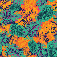 Bright tropical leaves seamless vector pattern. Botanical surface print design for fabrics, stationery, scrapbook paper, gift wap, textiles, backgrounds, and packaging.