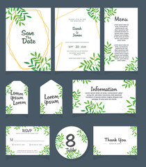 Set of Wedding invitation Vector illustration. card template. Wedding invitation, thank you, save the date, menu, information, RSVP, label, table number and place card design.