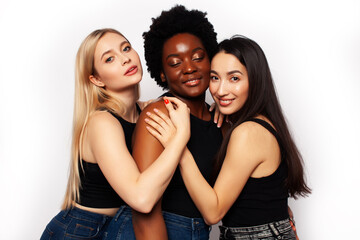 Obraz na płótnie Canvas diverse multi nation girls group, teenage friends company cheerful having fun, happy smiling, cute posing isolated on white background, lifestyle people concept, african-american, asian and caucasian