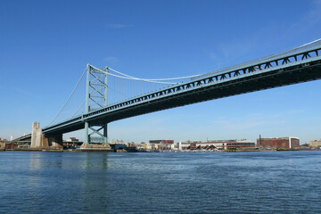 Waterfront view of the Benjamin Franklin Bridge between downtown Philadelphia, Pennsylvania and Camden, New Jersey.